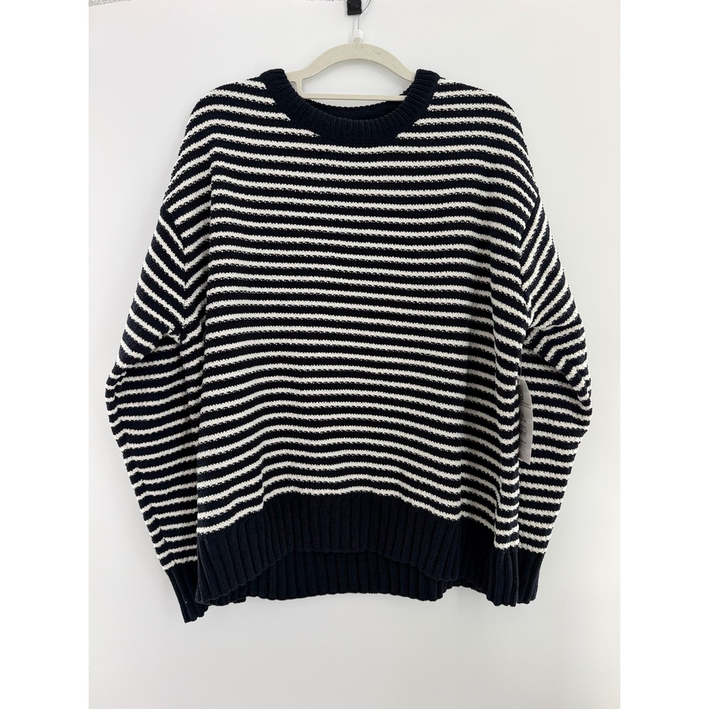 Time and Tru Womens Striped Crewneck Sweater Chenille Knit Navy White XL 16-18